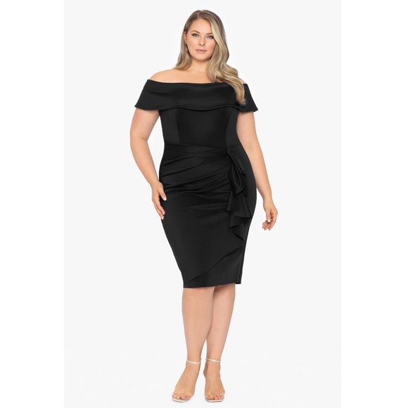 Xscape: "VANESSA" SHORT OFF THE SHOULDER SCUBA CREPE SIDE RUCHED DRESS (NWT) - Picture 1 of 2